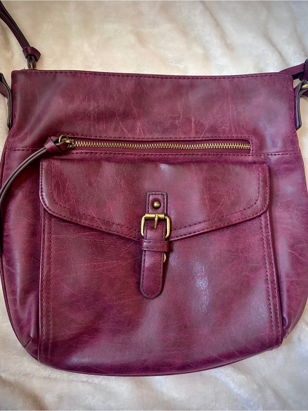 Burgundy Crossbody Bag Faux Leather Buckle Pocket Boho Everyday Purse